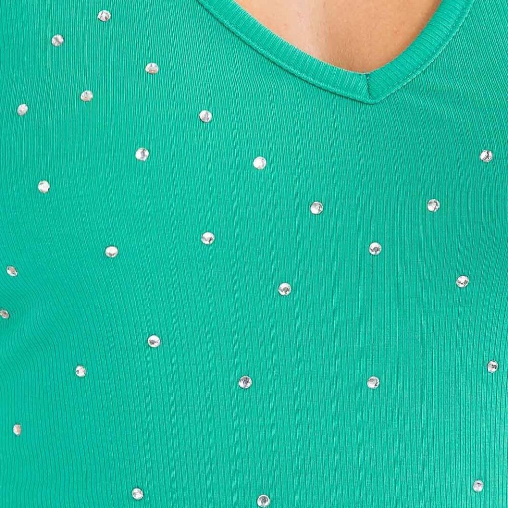 Sleeveless Double V-Neck Tank Top w Rhinestones Green Womens Large Bling - Picture 4 of 9